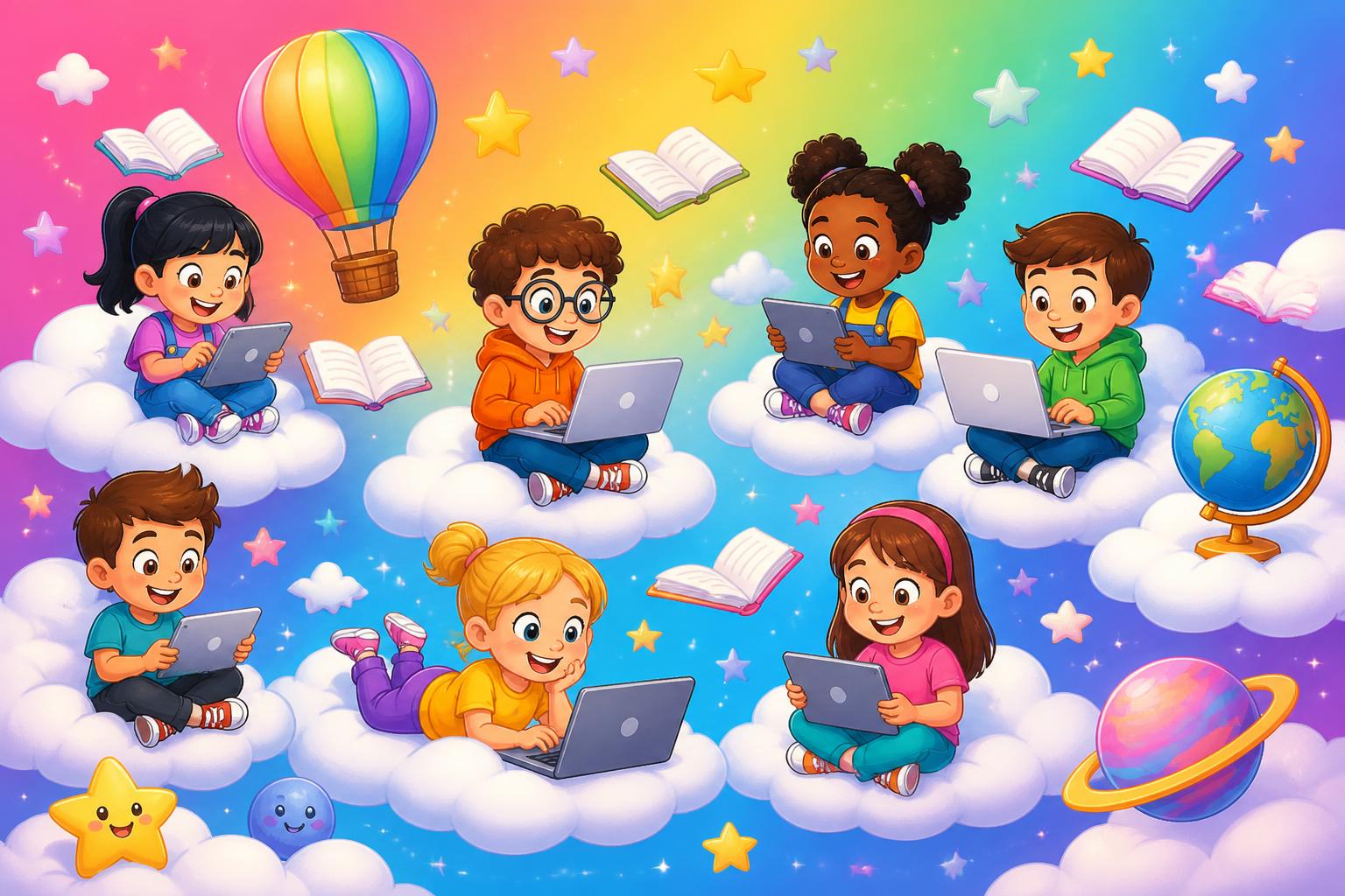 Cartoon children learning together on clouds with books, a globe and balloons